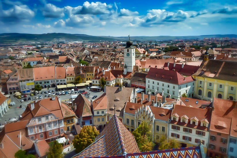 view of a typical street in the center of romanian city sibiu