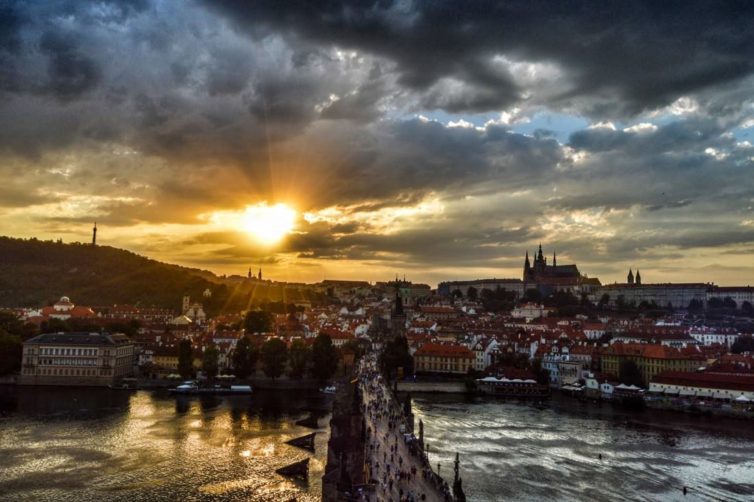 Prague Castle and Charles Bridge in Prague sunset