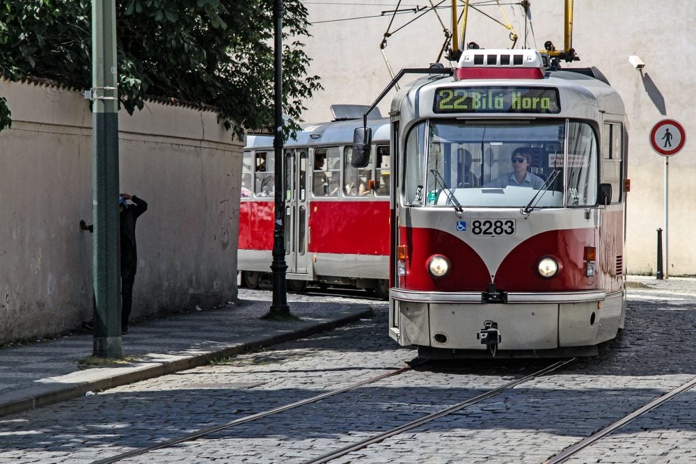 picture of a tram turning a corner in Prague - Tram Number 22 