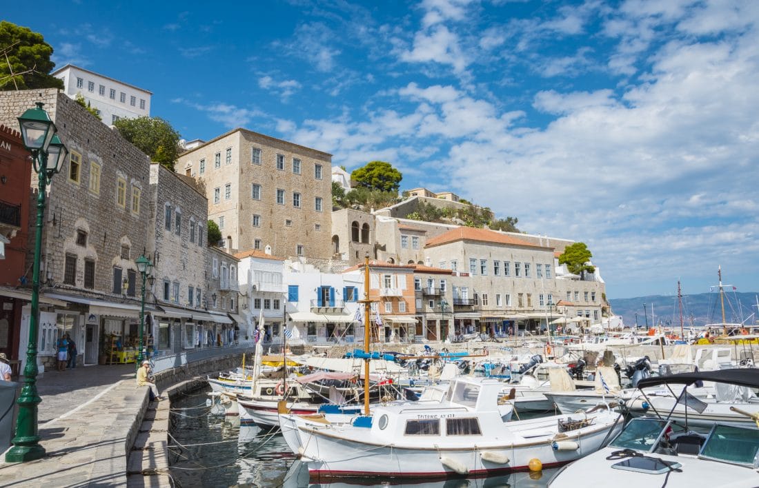 view of the port in Hydra, an island near Athens