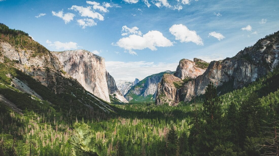 green meadows and two mountains in Yosemite Park