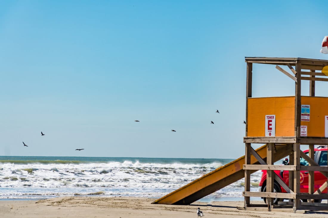 Surf rescue tower on the beach in port aransas texas