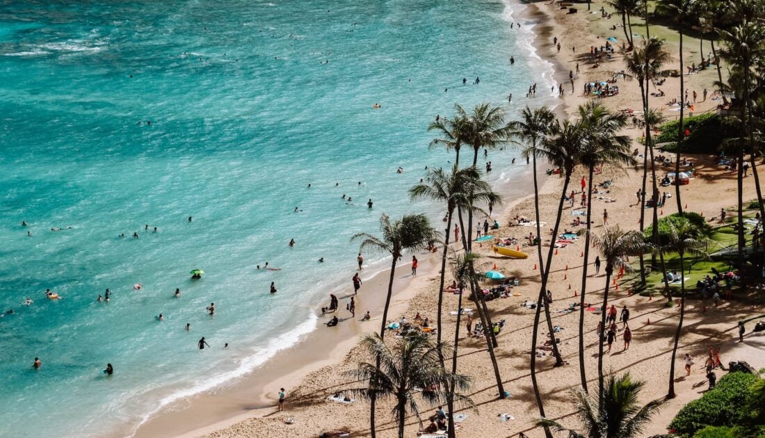 People on the beach in Hanauma Bay Oahu, Hawaii.