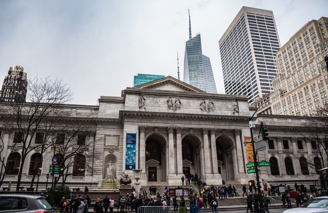 A picture of the Stephen A. Schwarzman Building, the main branch of the NYC Public Library.