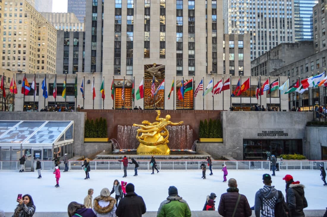 People ice-skating in Rockefeller Center in NYC