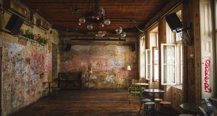 An empty room in a ruin pub in Budapest.