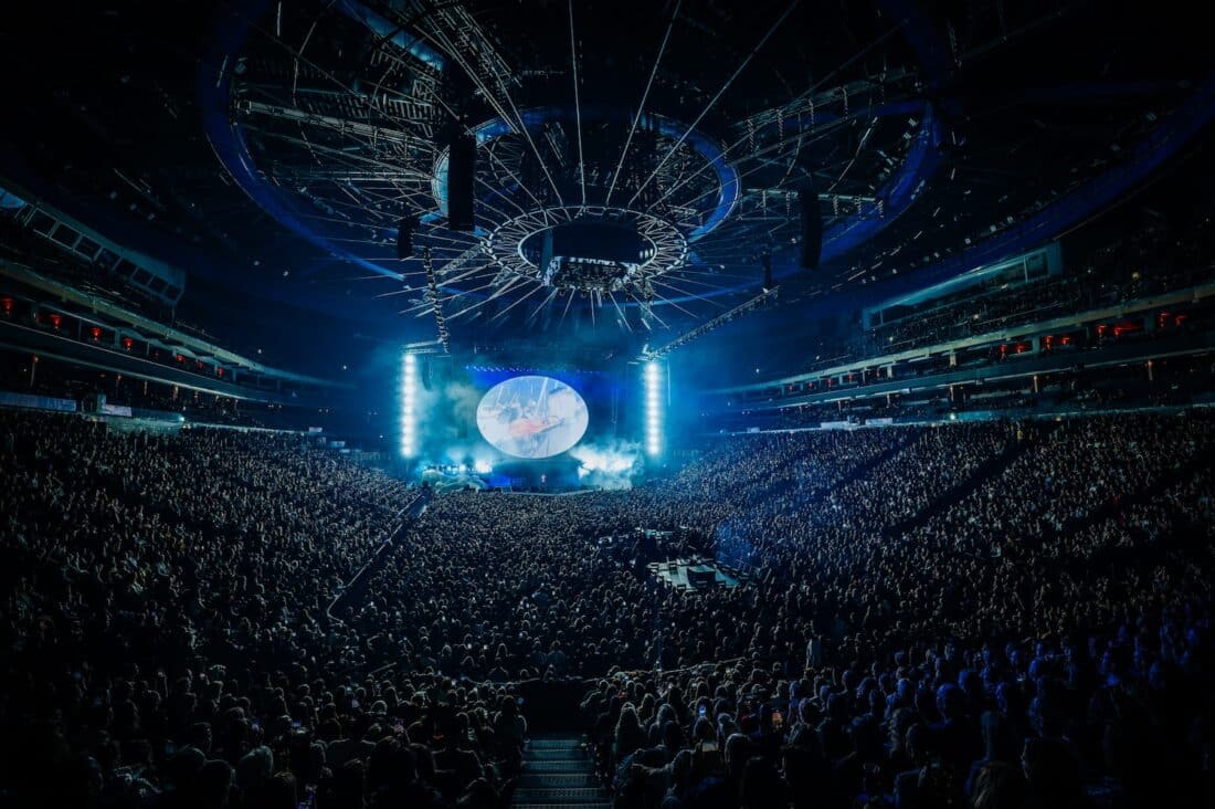 The interior of the O2 Arena full of fans during a concert.