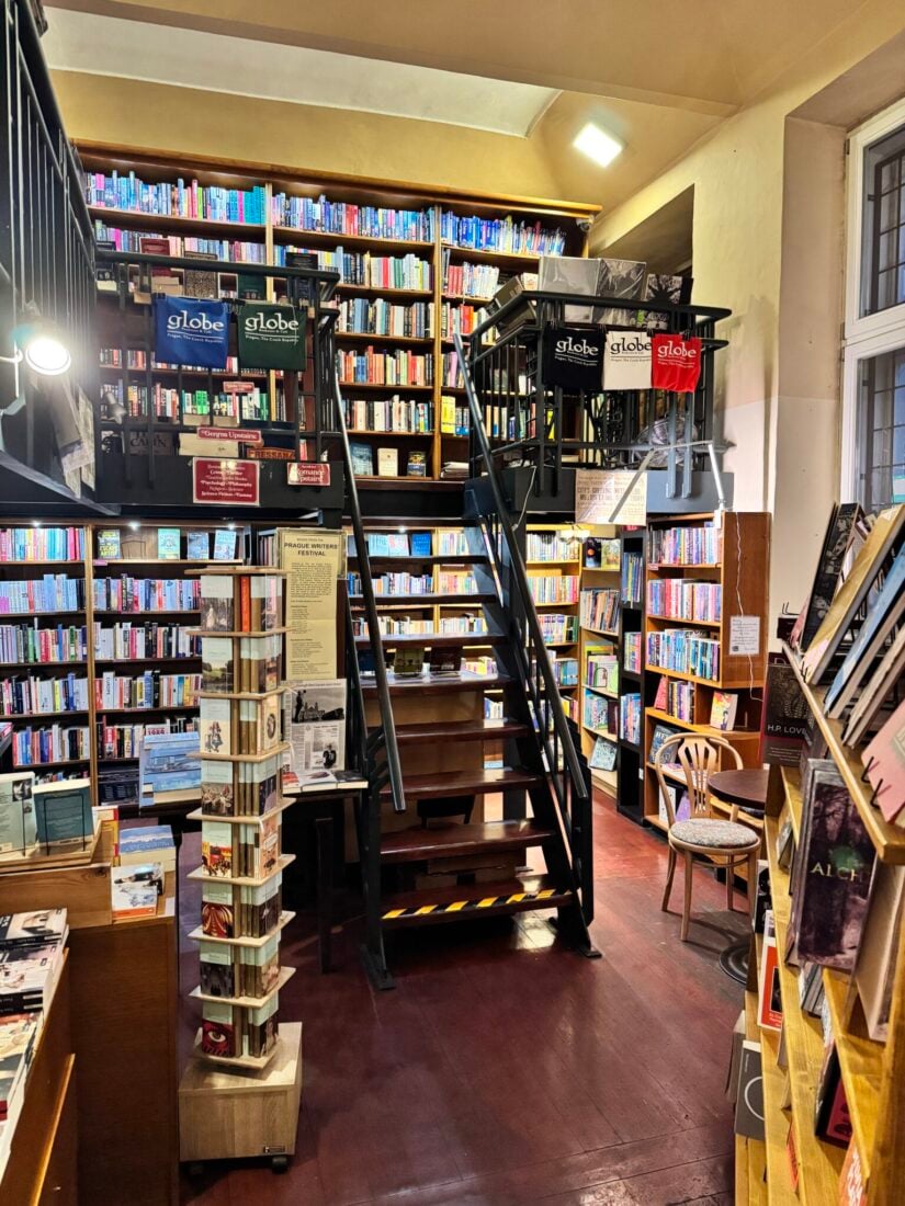 The bookstore at The Globe with two levels and hundreds of books. 